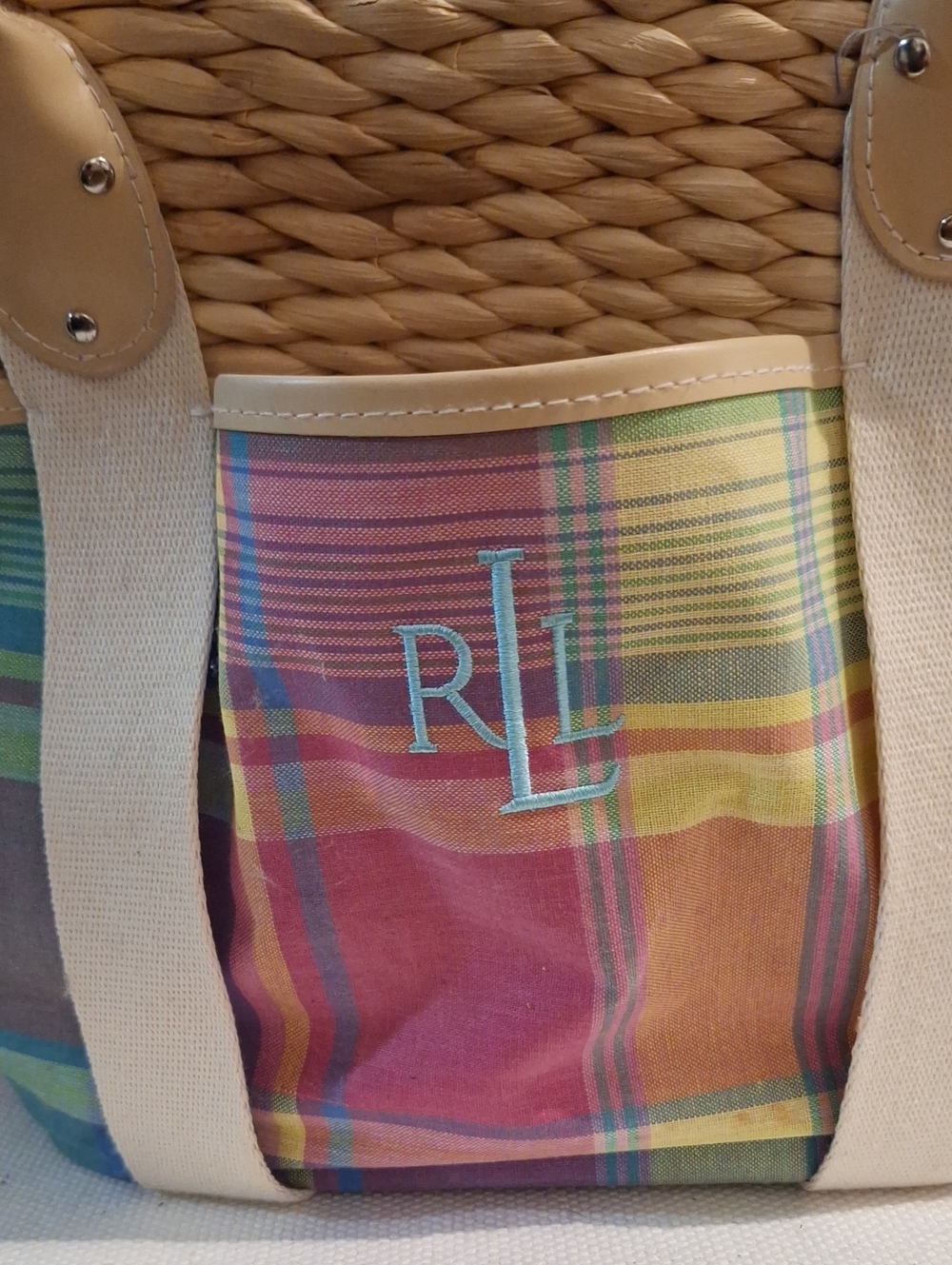 Ralph Lauren Pastel Plaid Straw-Top BeachTote - Picture 2 of 16